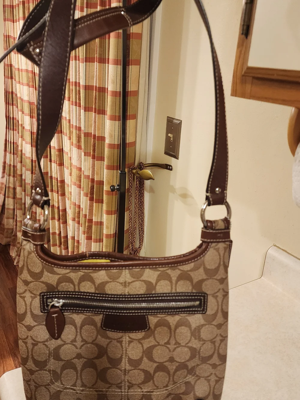 Coach Brown Signature Canvas Shoulder Bag with Dark Brown Trim